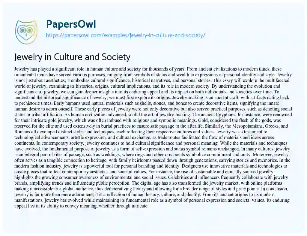 Essay on Jewelry in Culture and Society