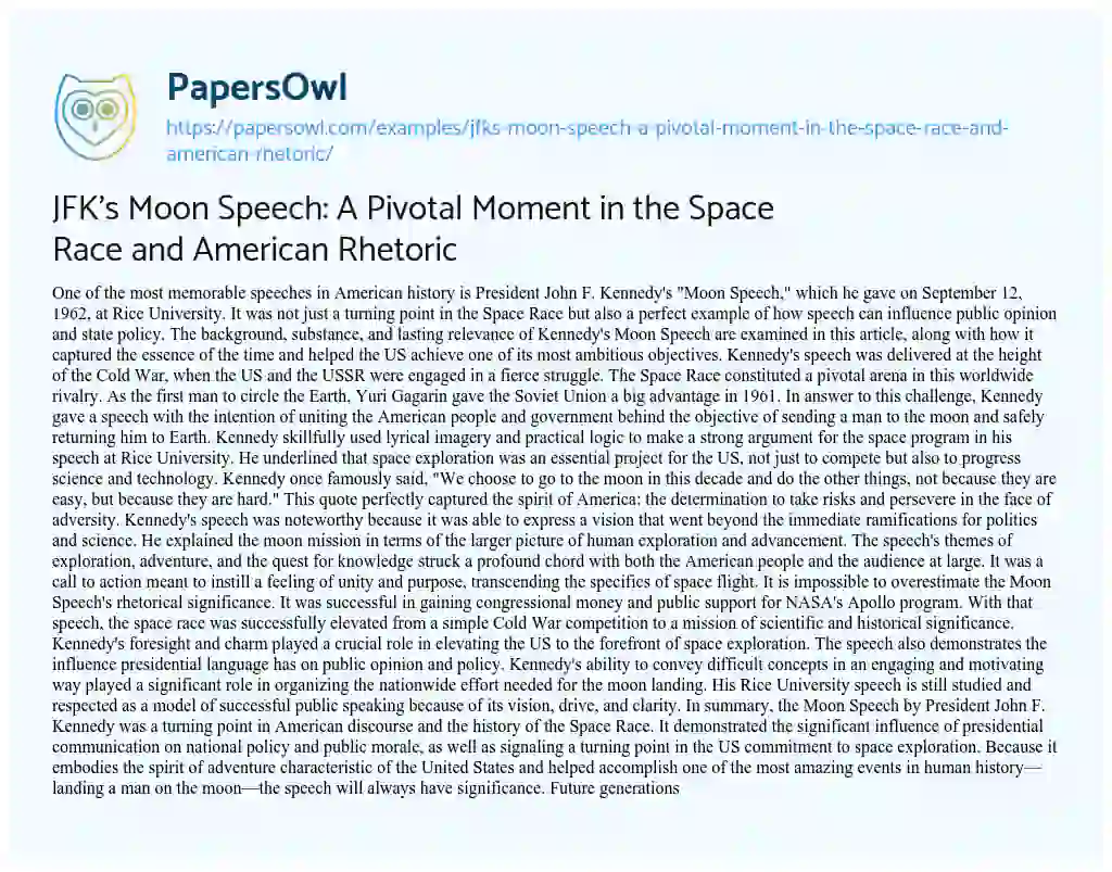 Essay on JFK’s Moon Speech: a Pivotal Moment in the Space Race and American Rhetoric