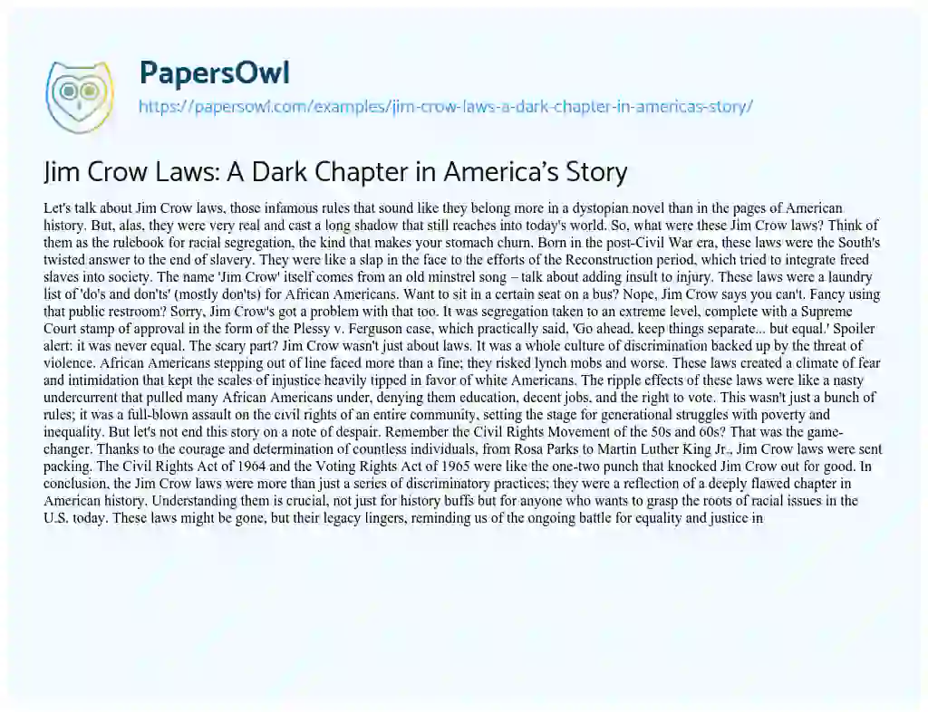 Essay on Jim Crow Laws: a Dark Chapter in America’s Story