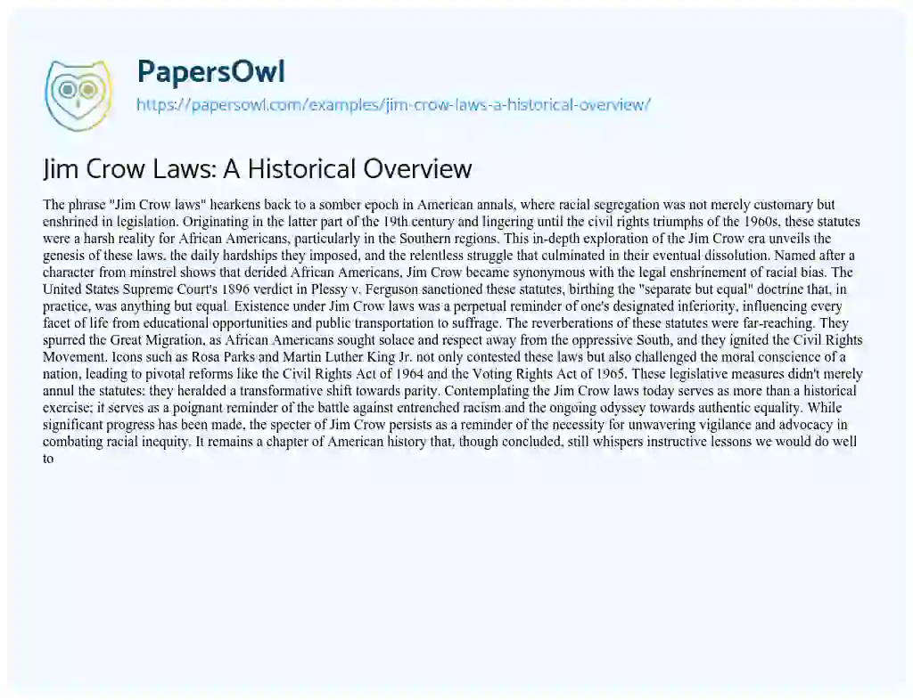 Essay on Jim Crow Laws: a Historical Overview