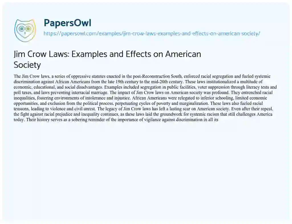 Essay on Jim Crow Laws: Examples and Effects on American Society