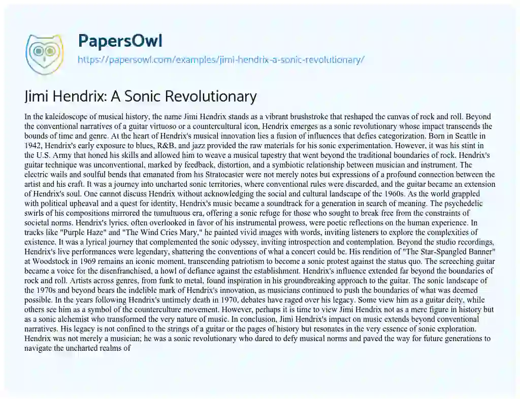 Essay on Jimi Hendrix: a Sonic Revolutionary