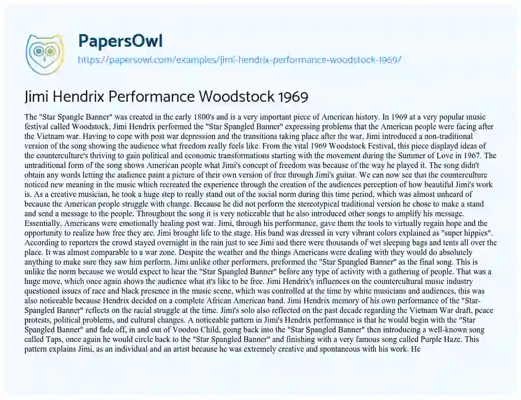 Essay on Jimi Hendrix Performance Woodstock 1969