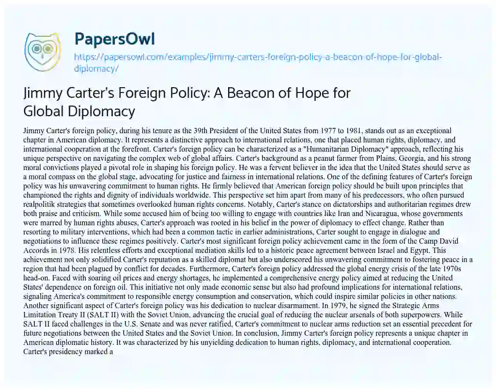 Essay on Jimmy Carter’s Foreign Policy: a Beacon of Hope for Global Diplomacy