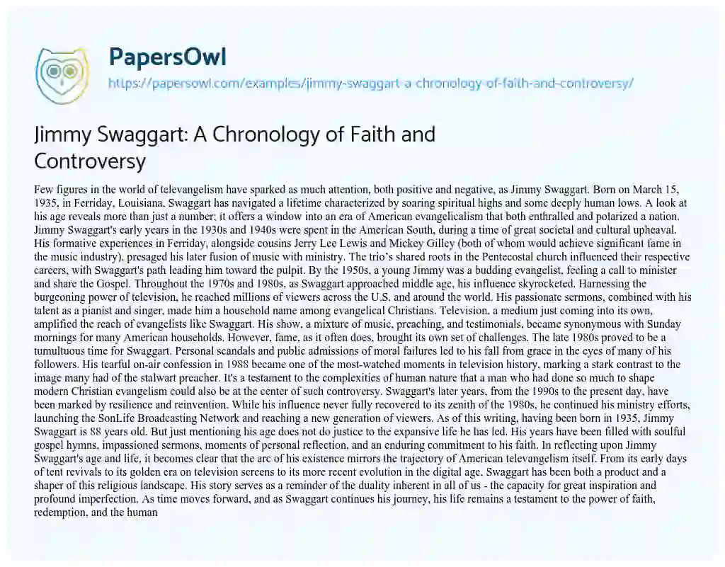 Essay on Jimmy Swaggart: a Chronology of Faith and Controversy