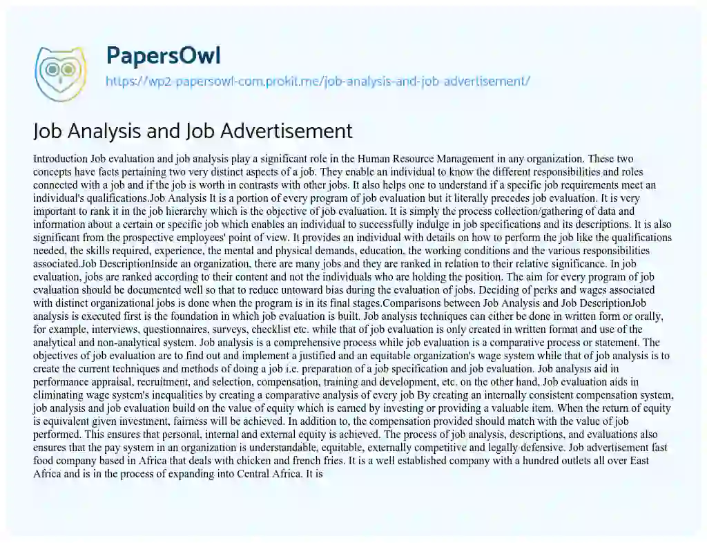 Essay on Job Analysis and Job Advertisement
