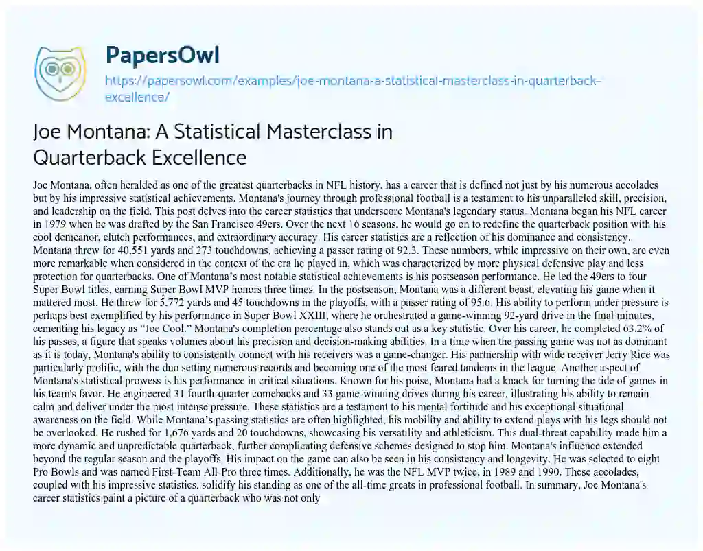 Essay on Joe Montana: a Statistical Masterclass in Quarterback Excellence