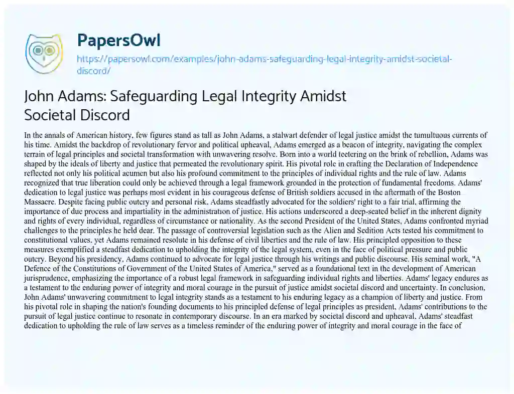 Essay on John Adams: Safeguarding Legal Integrity Amidst Societal Discord