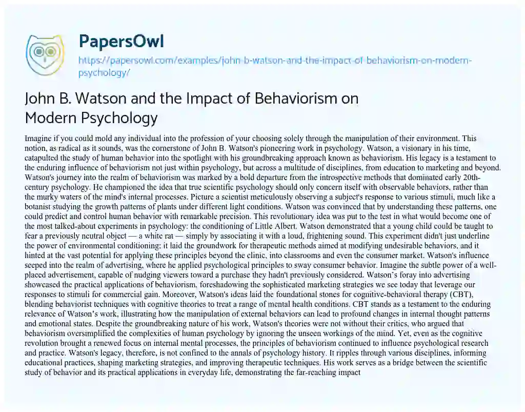 Essay on John B. Watson and the Impact of Behaviorism on Modern Psychology