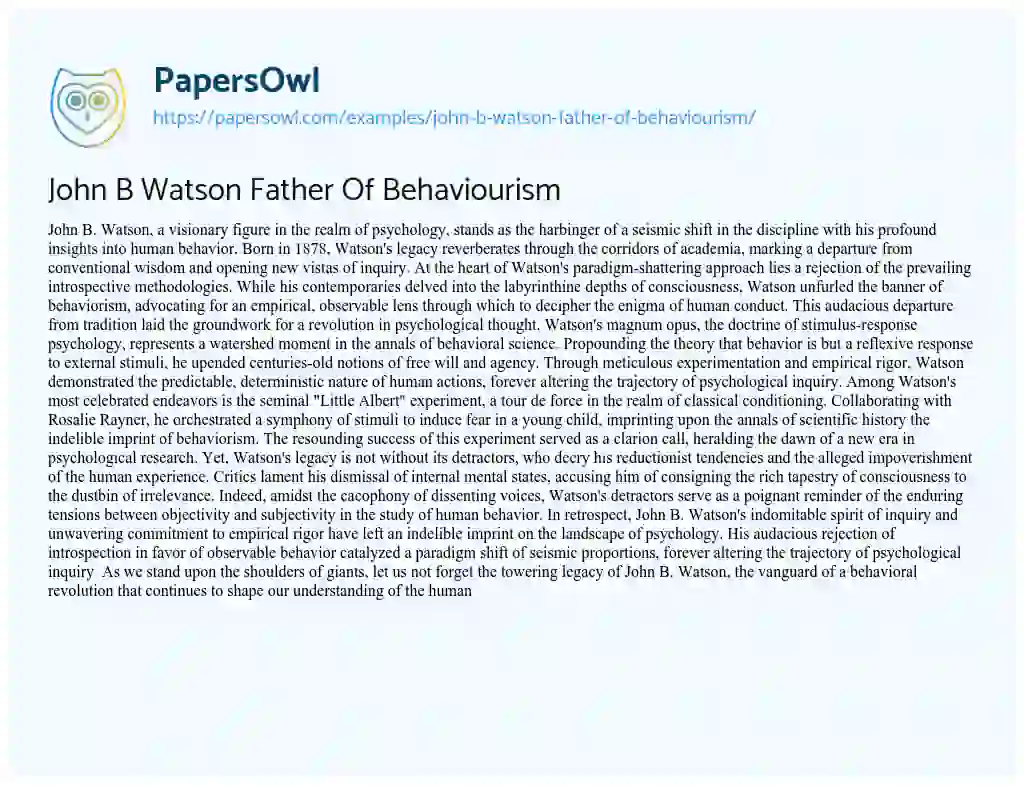 Essay on John B Watson Father of Behaviourism