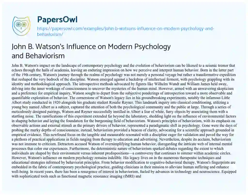 Essay on John B. Watson’s Influence on Modern Psychology and Behaviorism