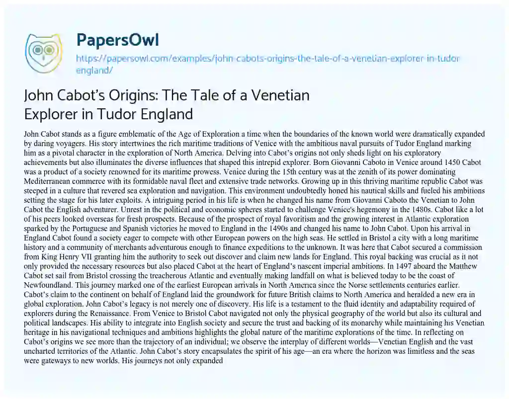 Essay on John Cabot’s Origins: the Tale of a Venetian Explorer in Tudor England