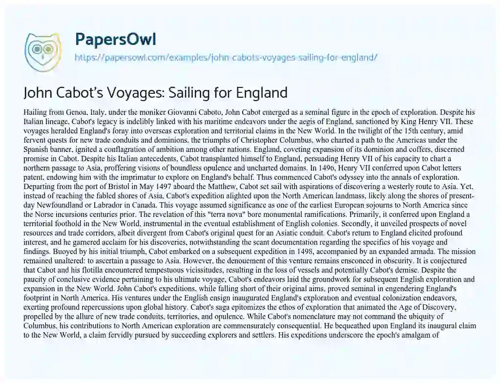 Essay on John Cabot’s Voyages: Sailing for England