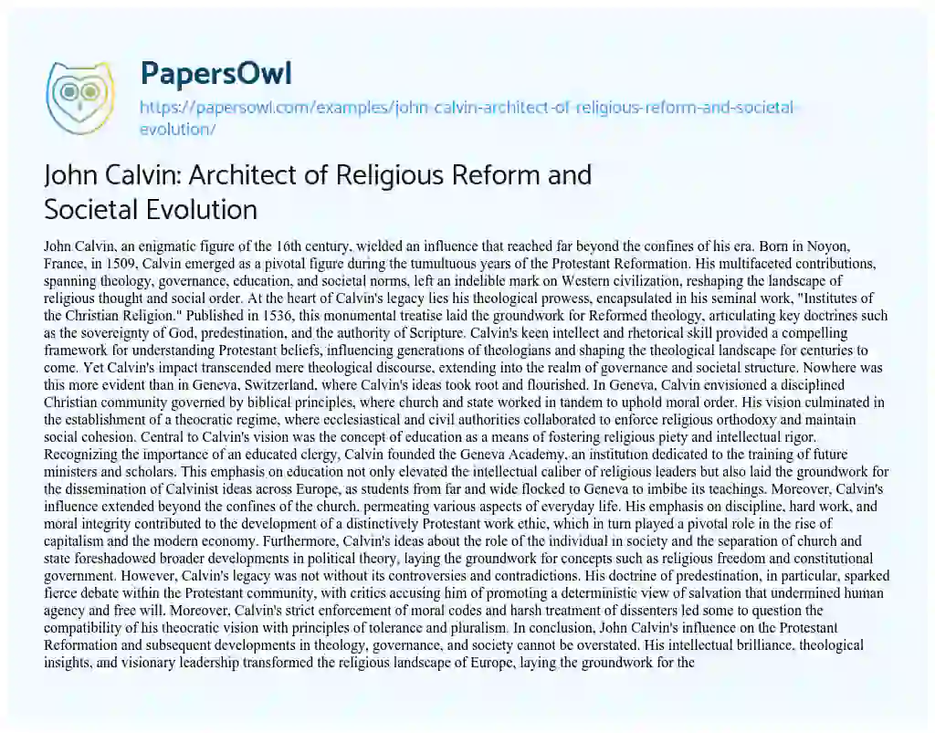 Essay on John Calvin: Architect of Religious Reform and Societal Evolution