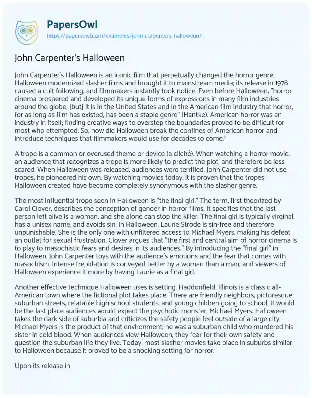 Essay on John Carpenter’s Halloween