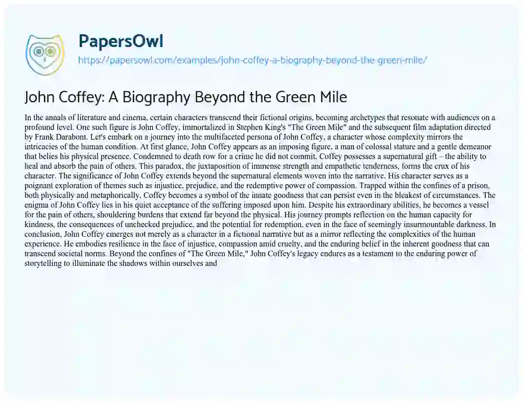 Essay on John Coffey: a Biography Beyond the Green Mile