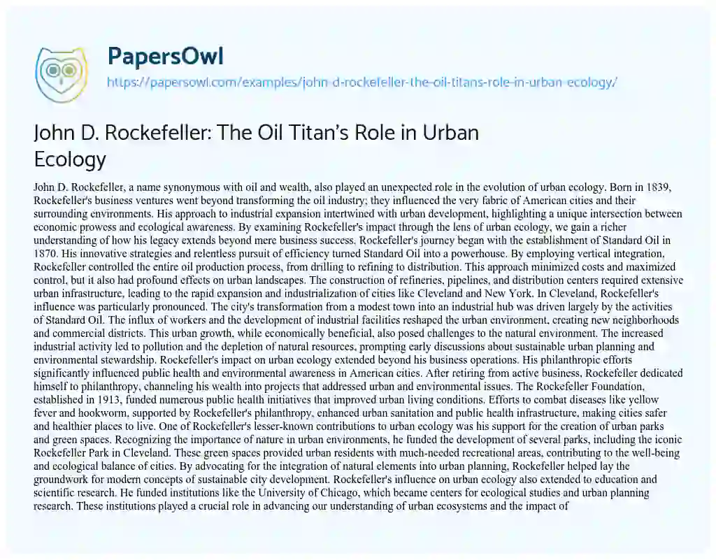 Essay on John D. Rockefeller: the Oil Titan’s Role in Urban Ecology
