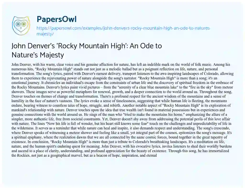 Essay on John Denver’s ‘Rocky Mountain High’: an Ode to Nature’s Majesty