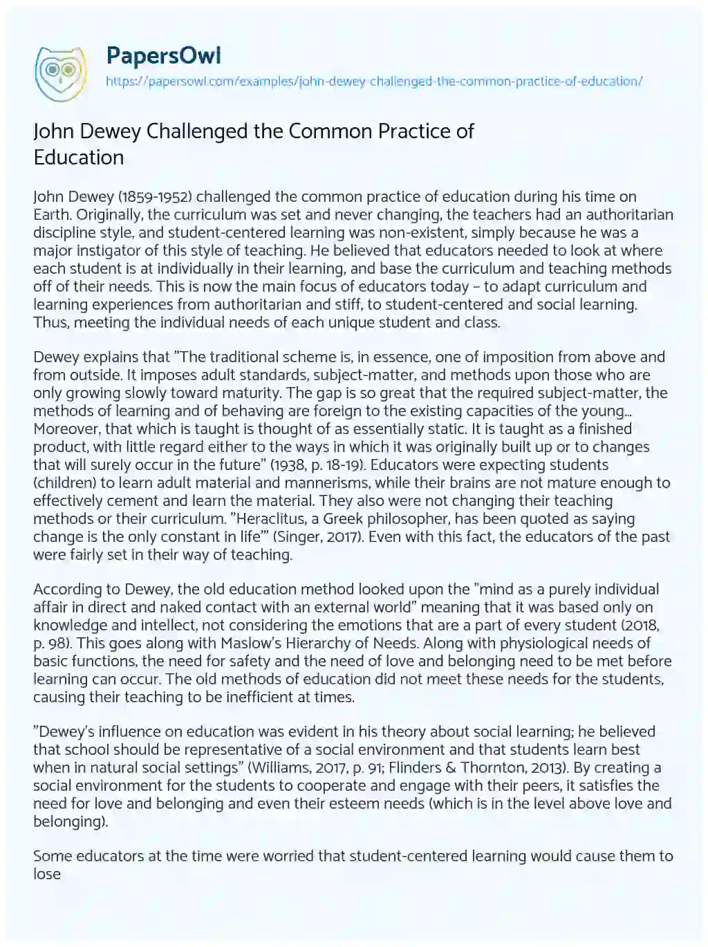 Essay on John Dewey Challenged the Common Practice of Education