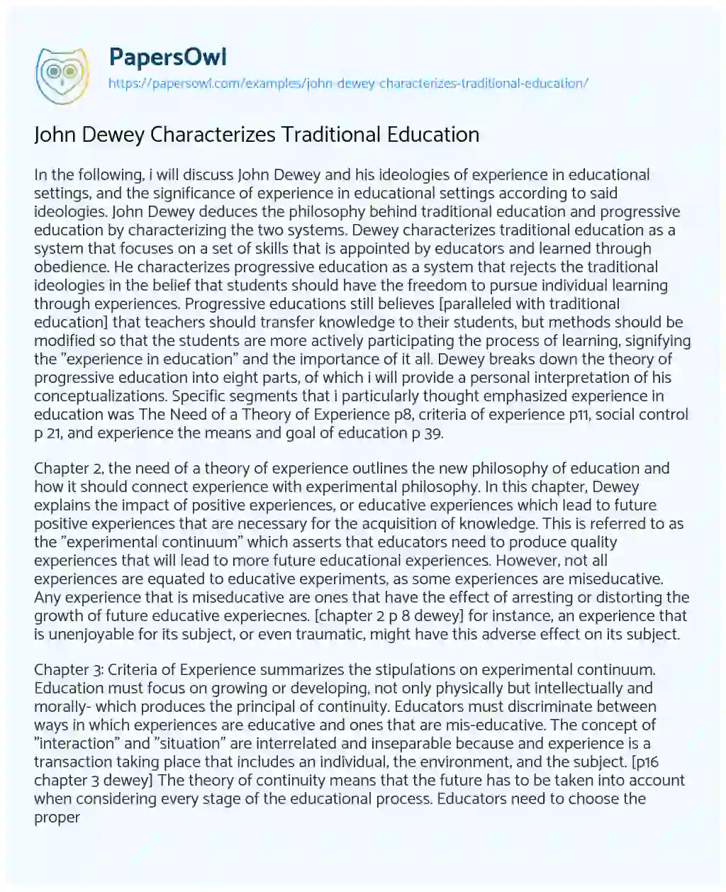Essay on John Dewey Characterizes Traditional Education
