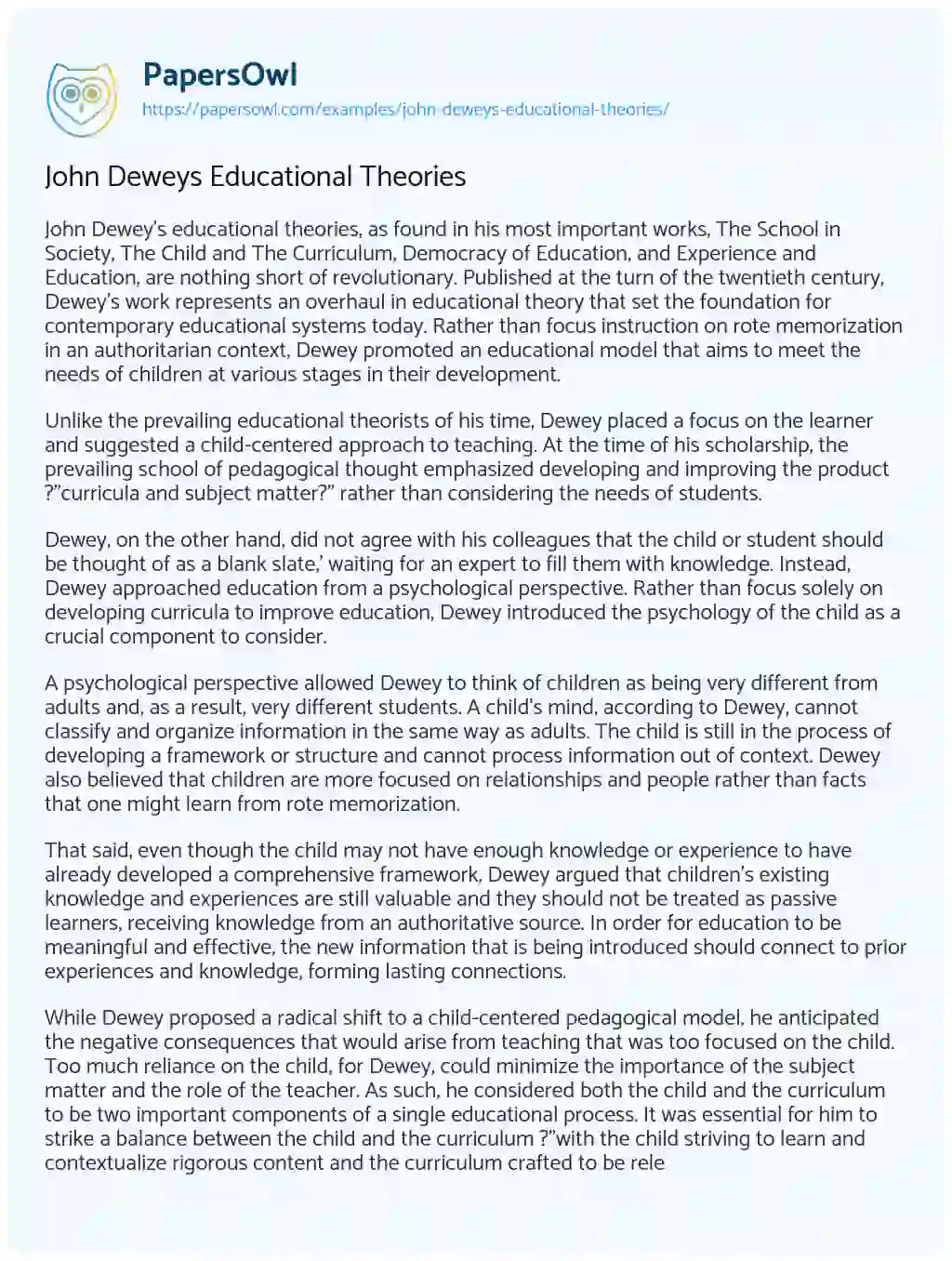 Essay on John Deweys Educational Theories
