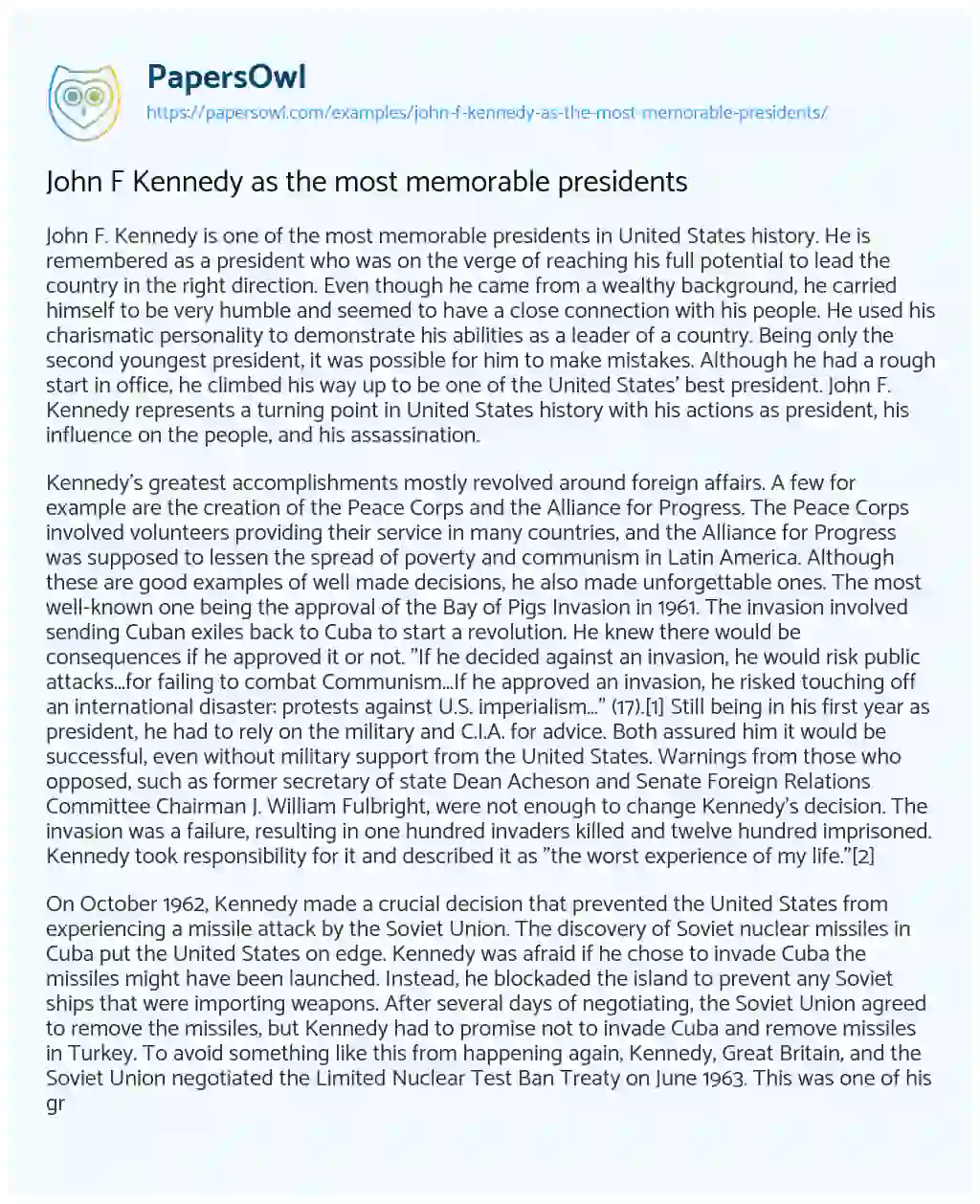 Essay on John F Kennedy as the most Memorable Presidents