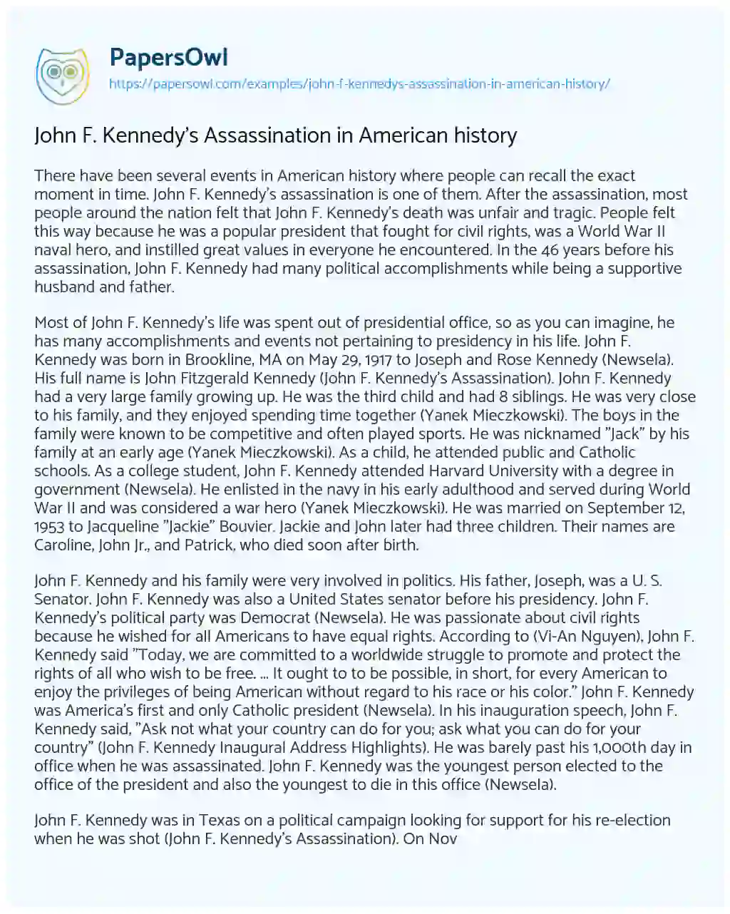 Essay on John F. Kennedy’s Assassination in American History
