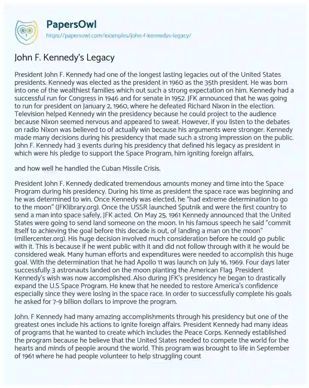Essay on John F. Kennedy’s Legacy
