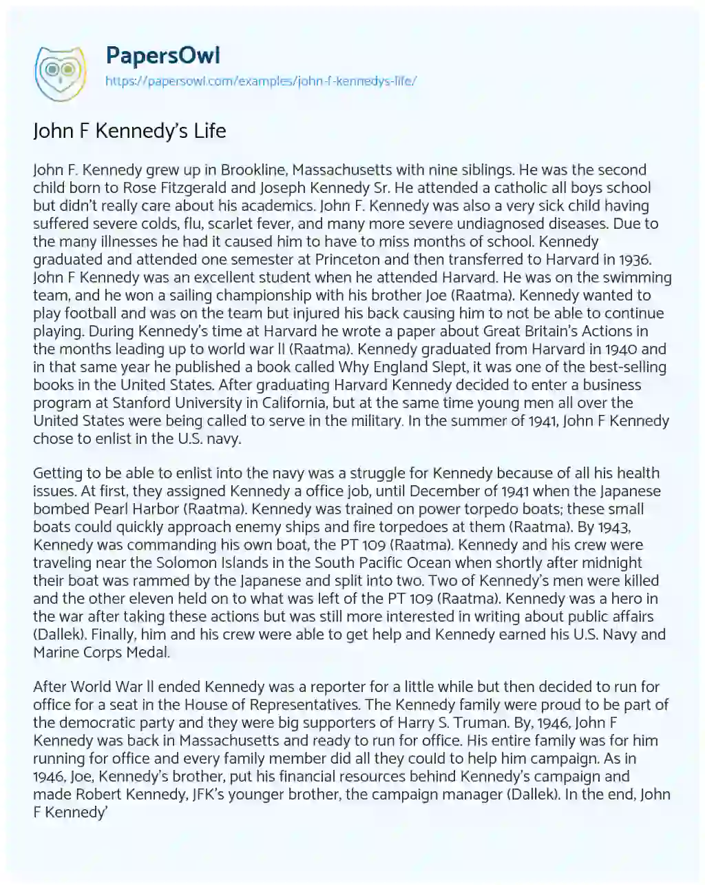 Essay on John F Kennedy’s Life