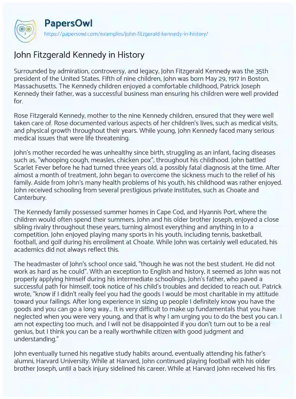 Essay on John Fitzgerald Kennedy in History