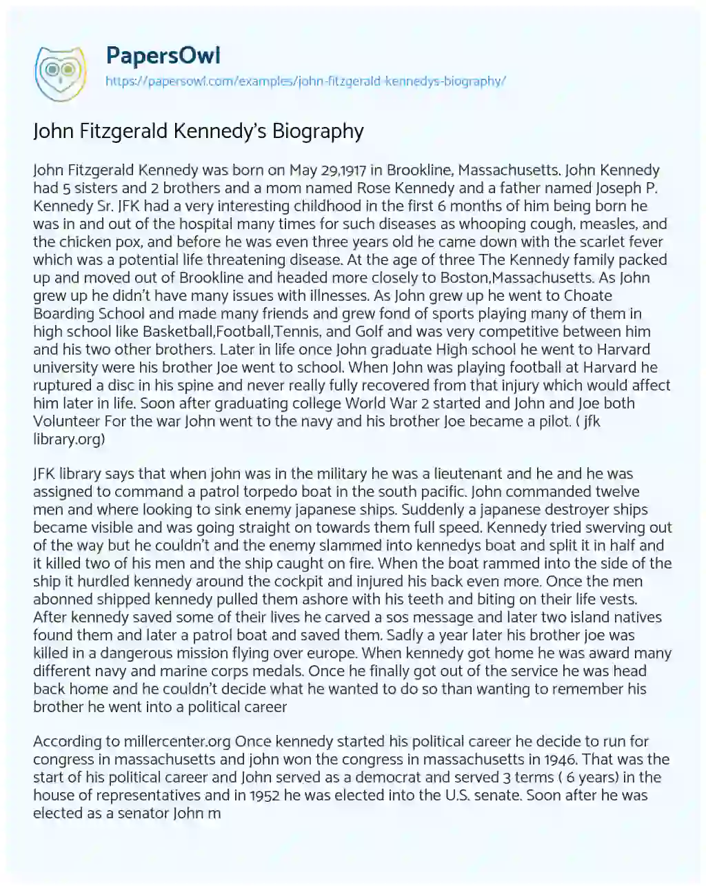 Essay on John Fitzgerald Kennedy’s Biography