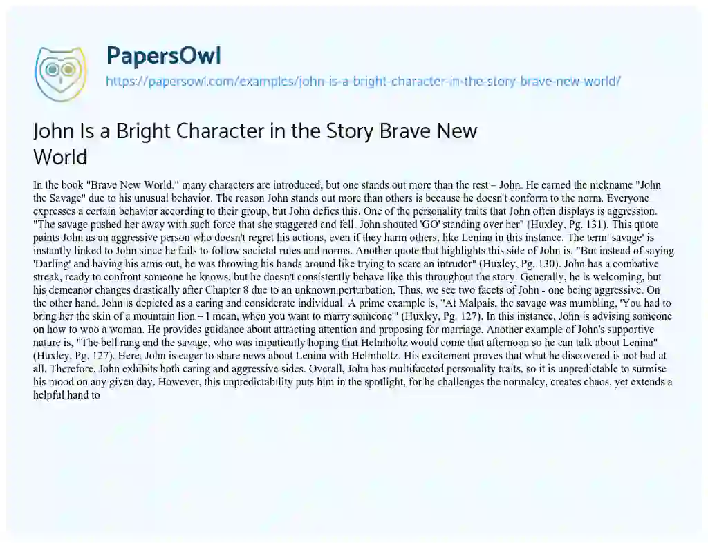 Essay on John is a Bright Character in the Story Brave New World