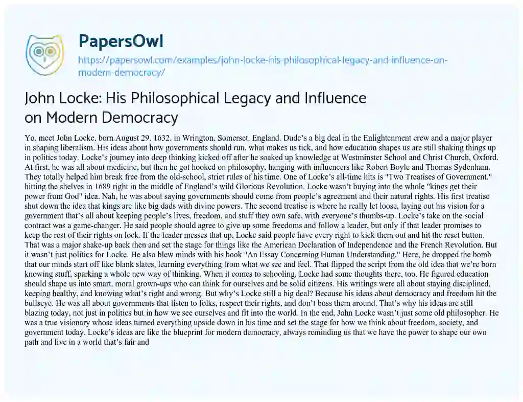 Essay on John Locke: his Philosophical Legacy and Influence on Modern Democracy