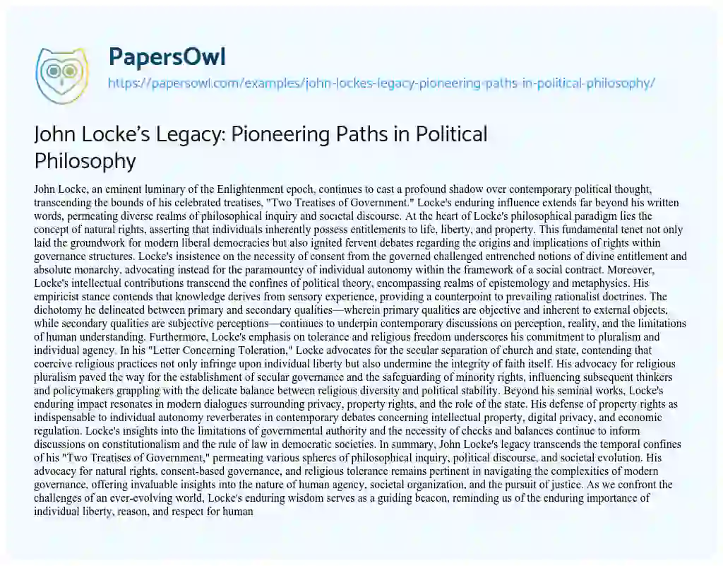 Essay on John Locke’s Legacy: Pioneering Paths in Political Philosophy