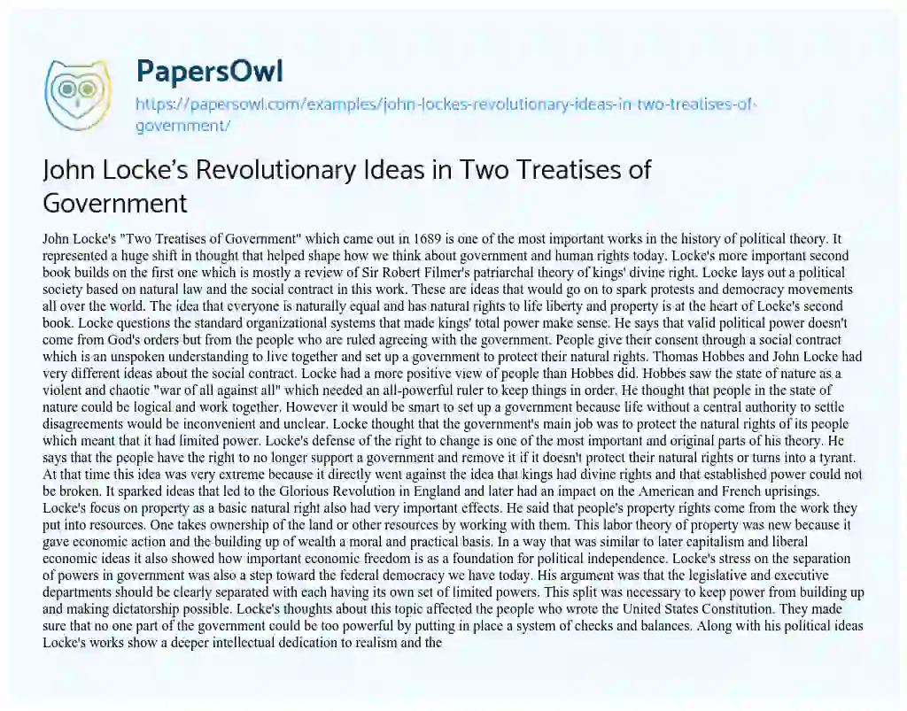 Essay on John Locke’s Revolutionary Ideas in Two Treatises of Government