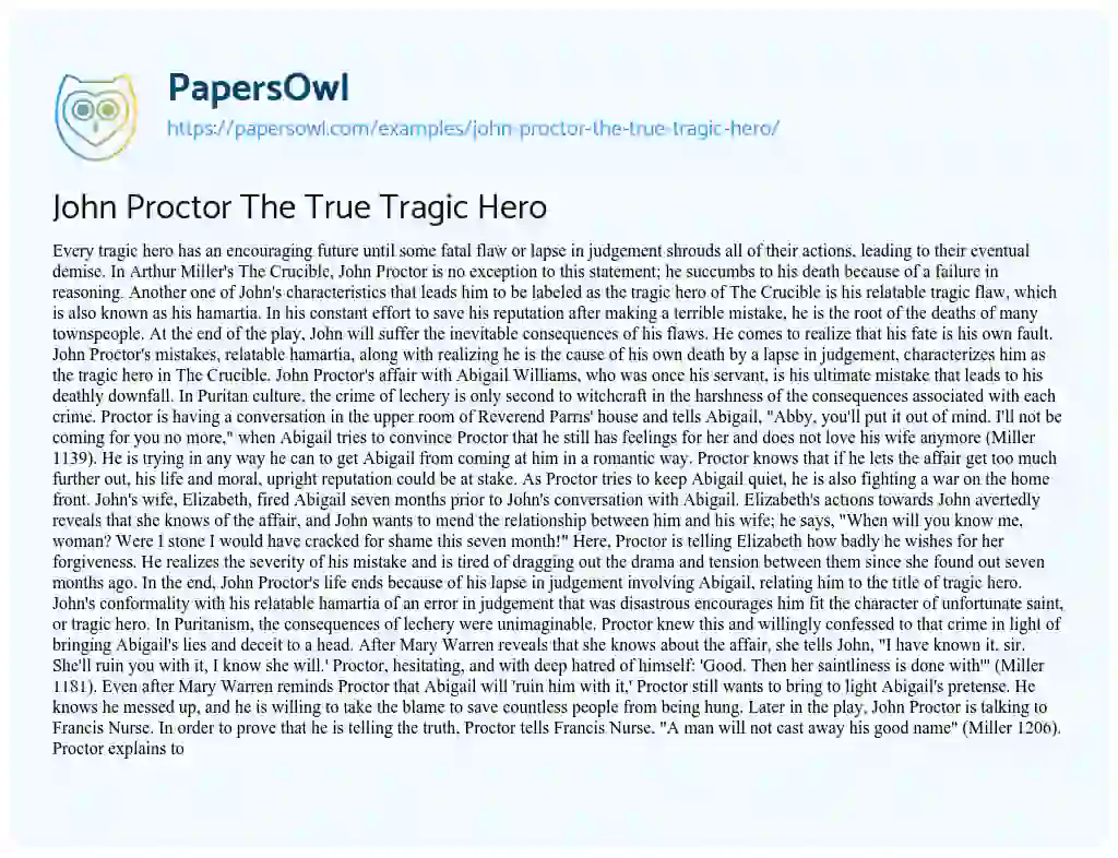 John Proctor the True Tragic Hero essay