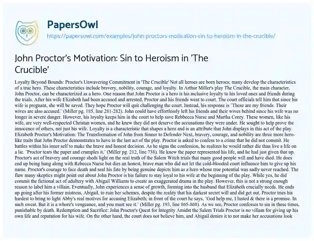 Essay on John Proctor’s Motivation: Sin to Heroism in ‘The Crucible’