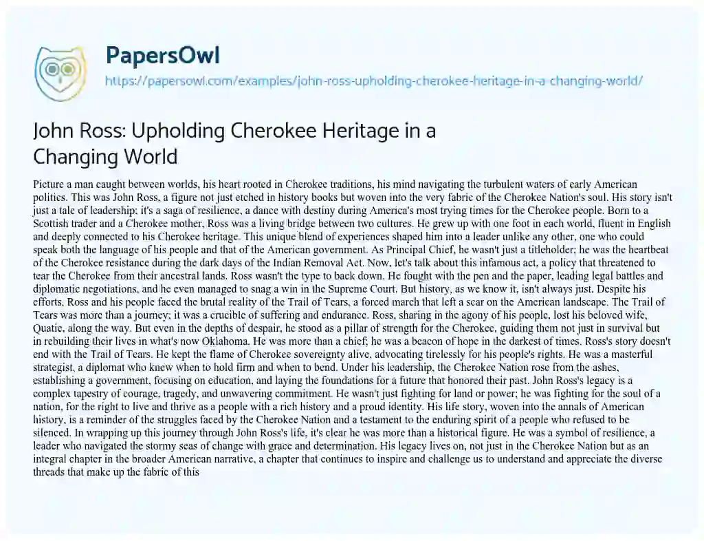 Essay on John Ross: Upholding Cherokee Heritage in a Changing World