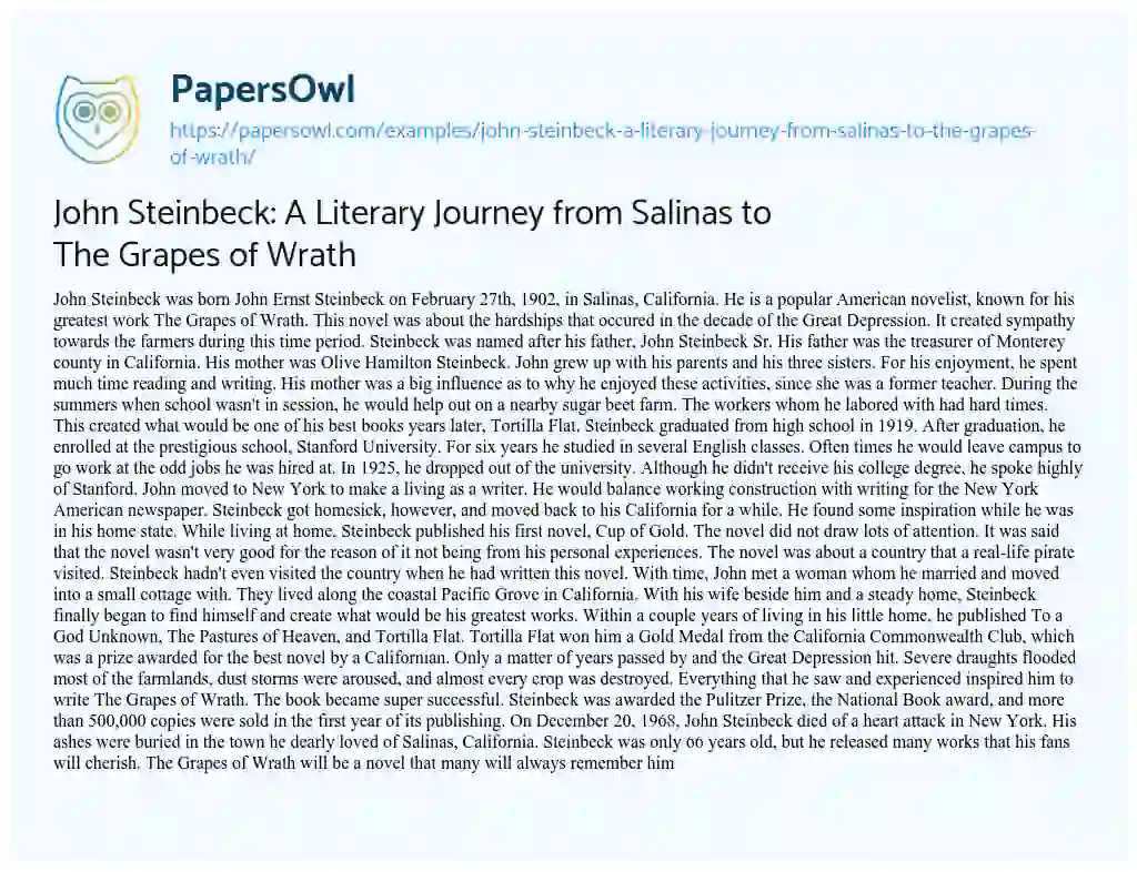Essay on John Steinbeck: a Literary Journey from Salinas to the Grapes of Wrath