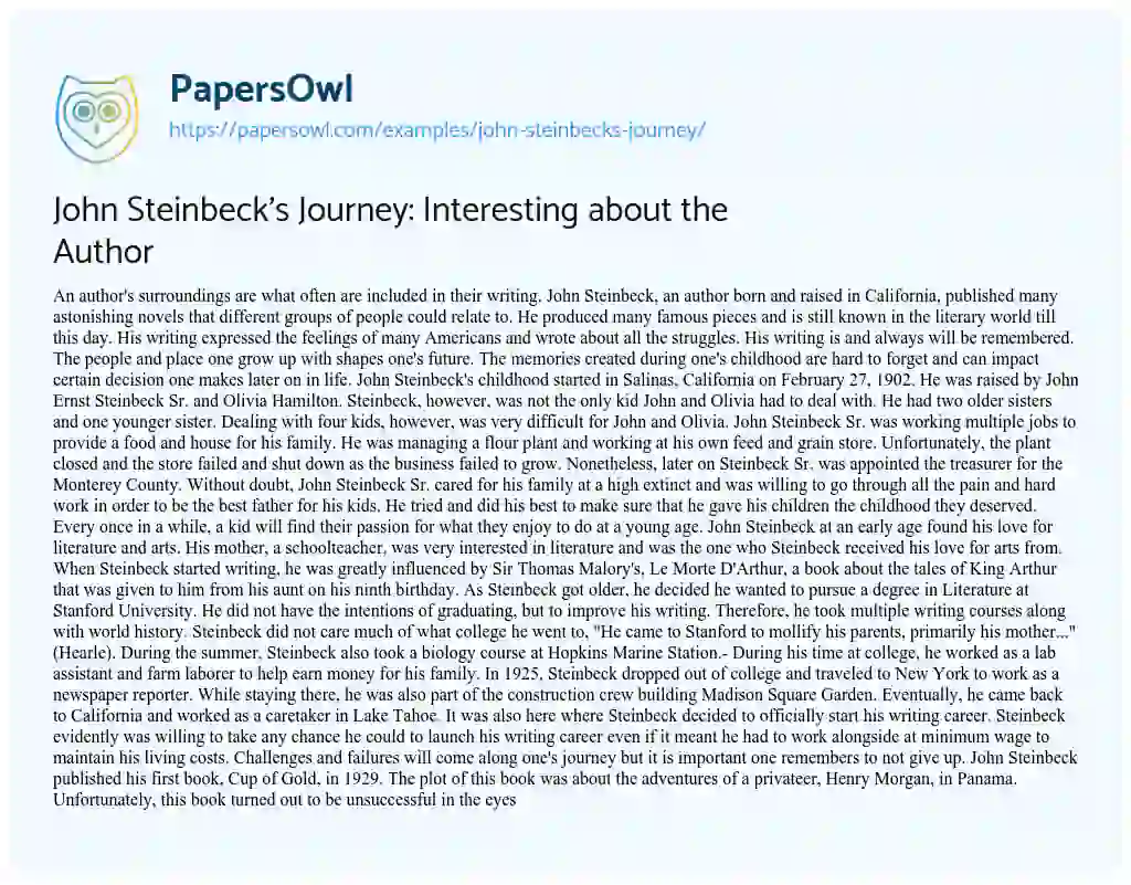 John Steinbeck’s Journey: Interesting about the Author essay