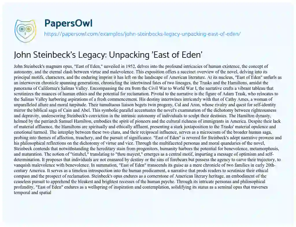 Essay on John Steinbeck’s Legacy: Unpacking ‘East of Eden’
