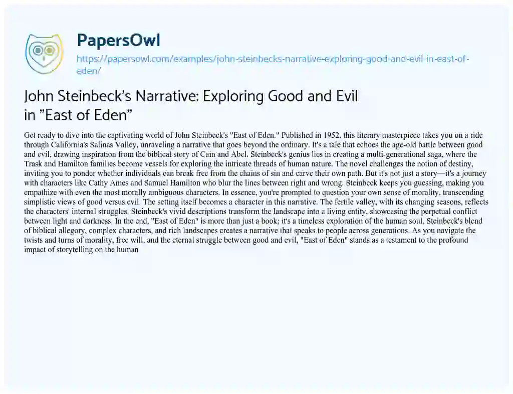 Essay on John Steinbeck’s Narrative: Exploring Good and Evil in “East of Eden”