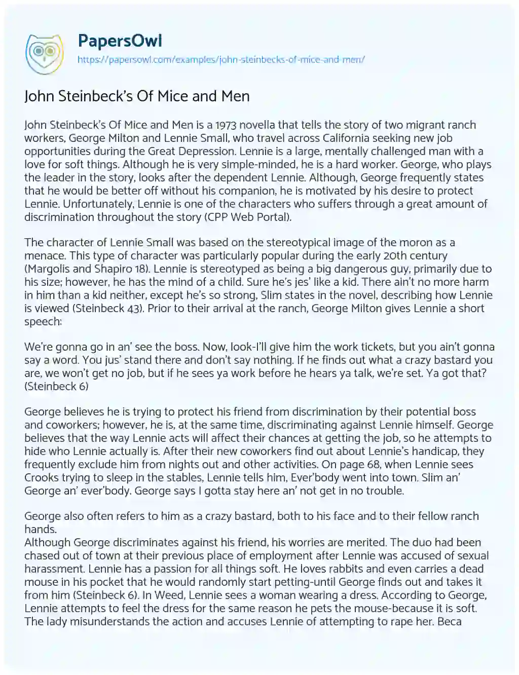 Essay on John Steinbeck’s of Mice and Men