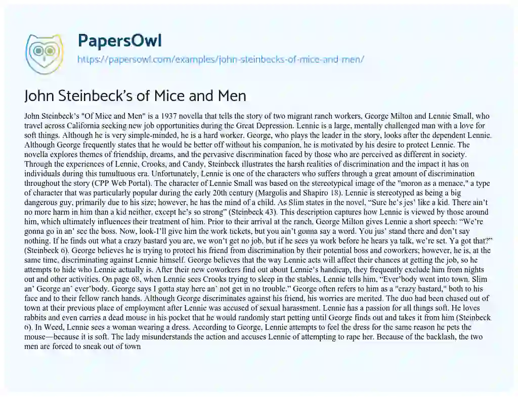 Essay on John Steinbeck’s of Mice and Men