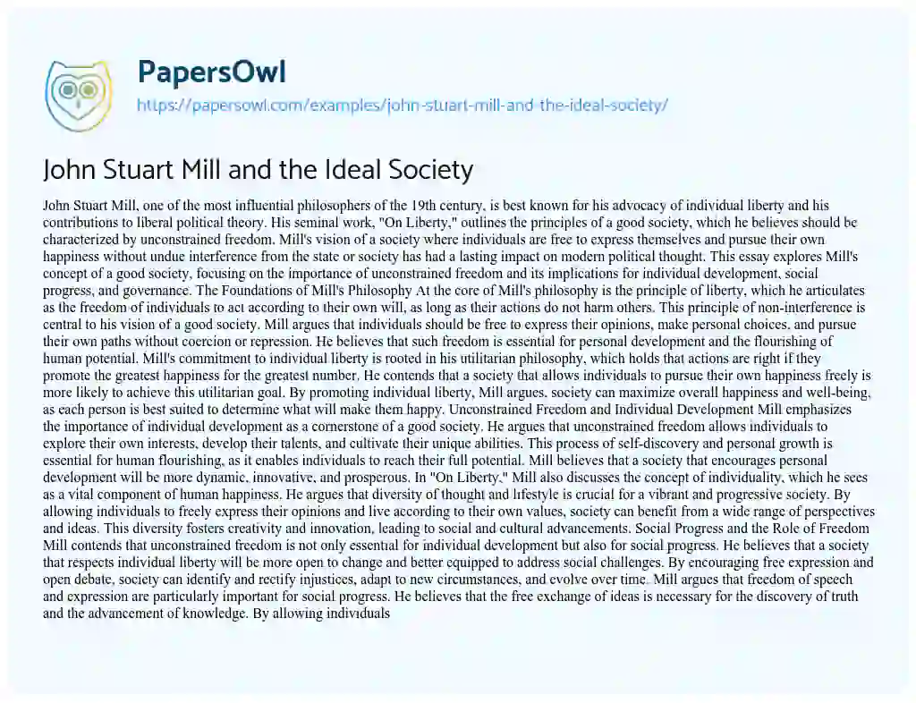 Essay on John Stuart Mill and the Ideal Society