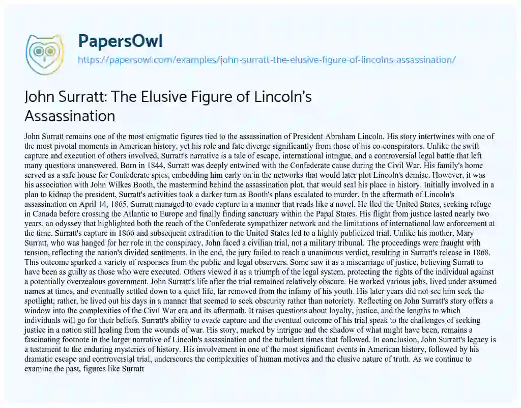 Essay on John Surratt: the Elusive Figure of Lincoln’s Assassination