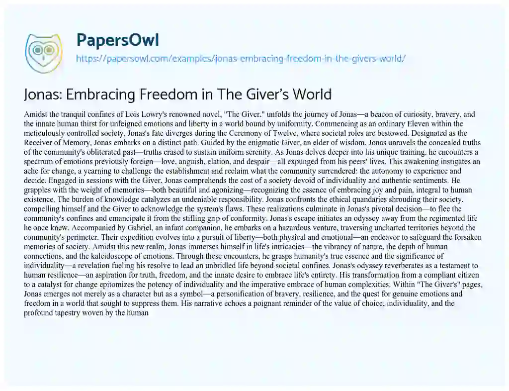 Essay on Jonas: Embracing Freedom in the Giver’s World
