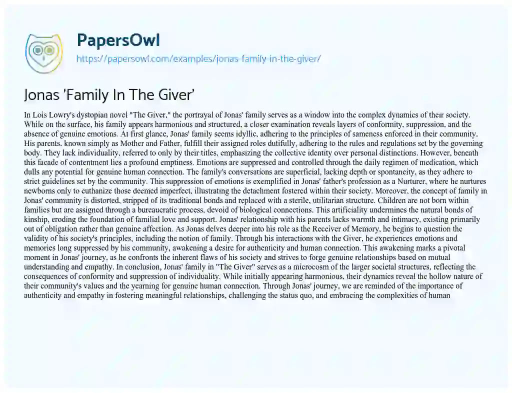 Essay on Jonas ‘Family in the Giver’