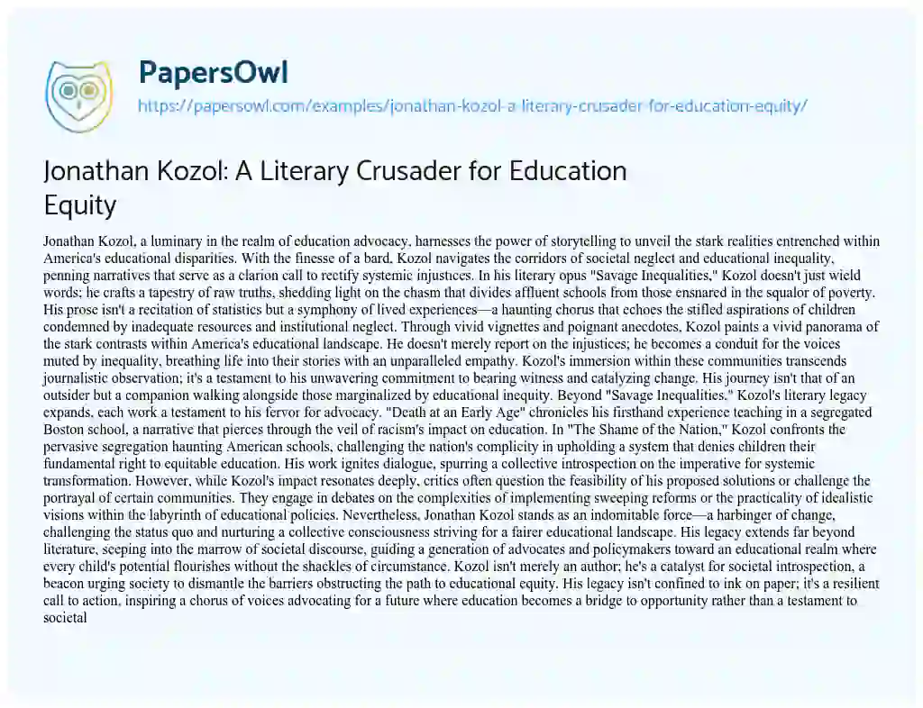 Essay on Jonathan Kozol: a Literary Crusader for Education Equity