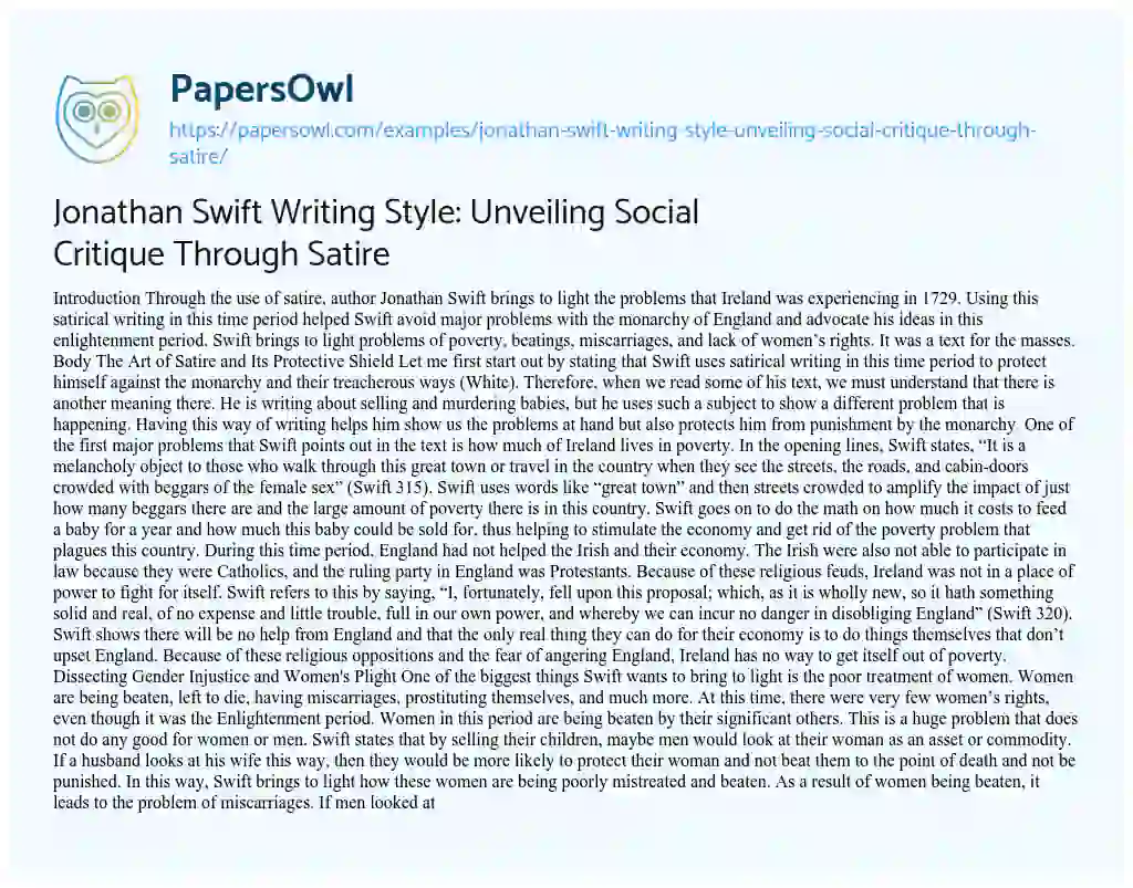 Essay on Jonathan Swift Writing Style: Unveiling Social Critique through Satire